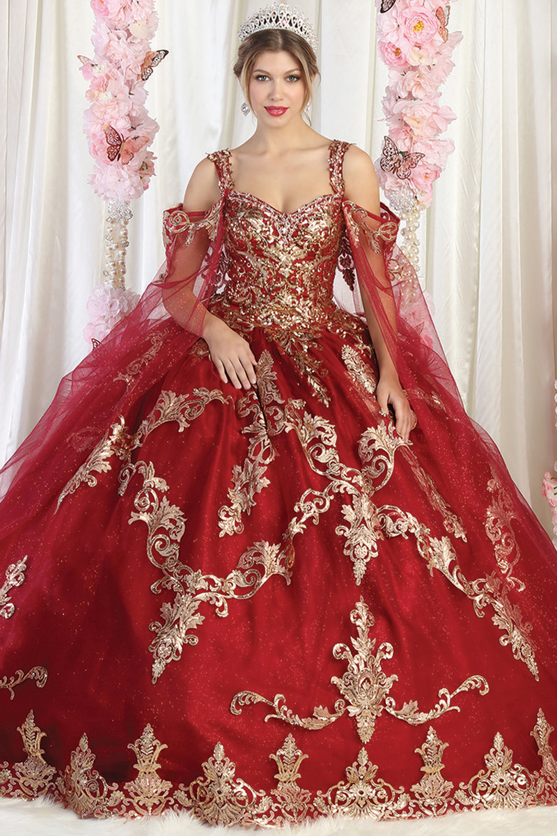 Cape Sleeve Golden Embroidery Quinceanera Dress
